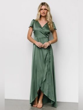Baltic Born Women's  Winter Green Krystal Satin Wrap Gown Dress XS